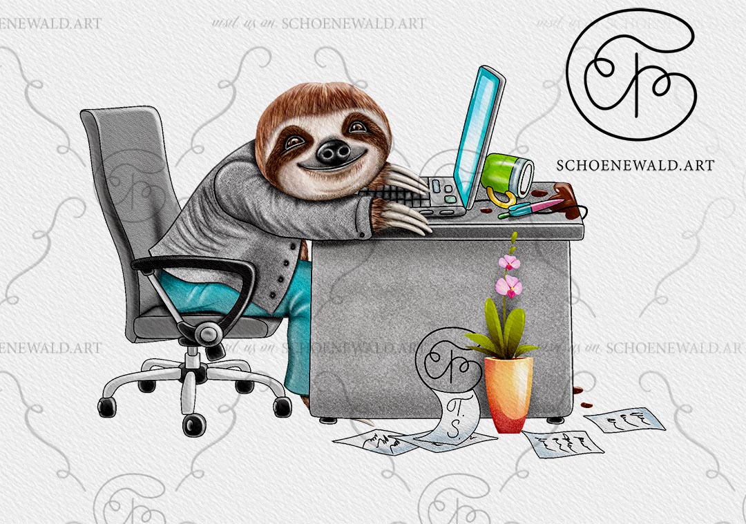 Motif with a cute lazy sloth in the office available on slothtee.de