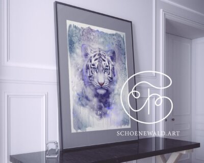 Watercolor painting print showing a beautiful white tiger by Schoenewald.art in a luxery interior