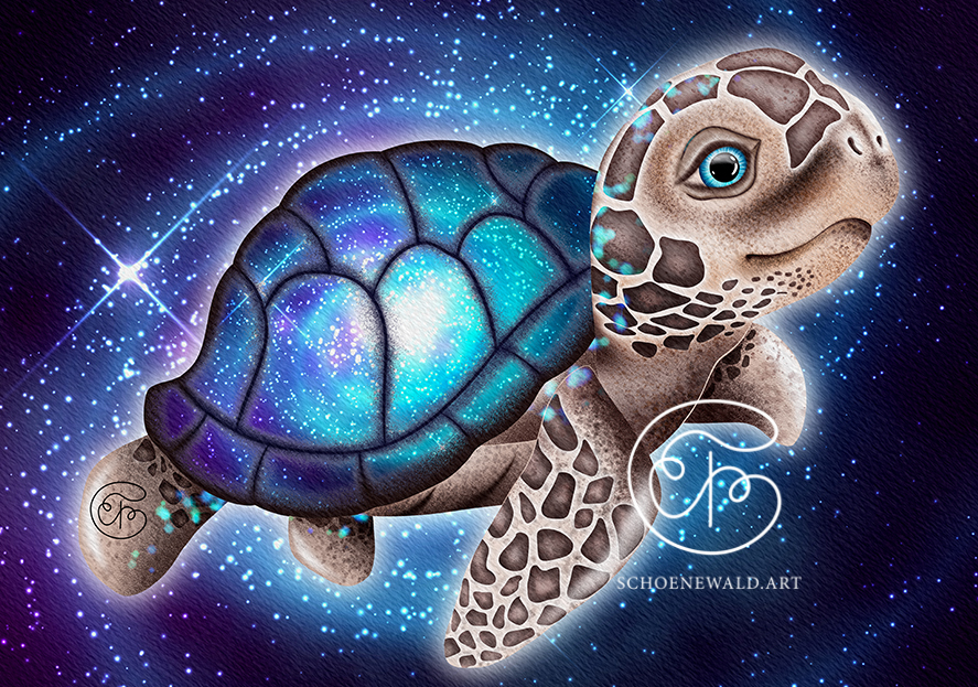 Hand-painted illustration of a sweet little sea turtle by Schoenewald.art