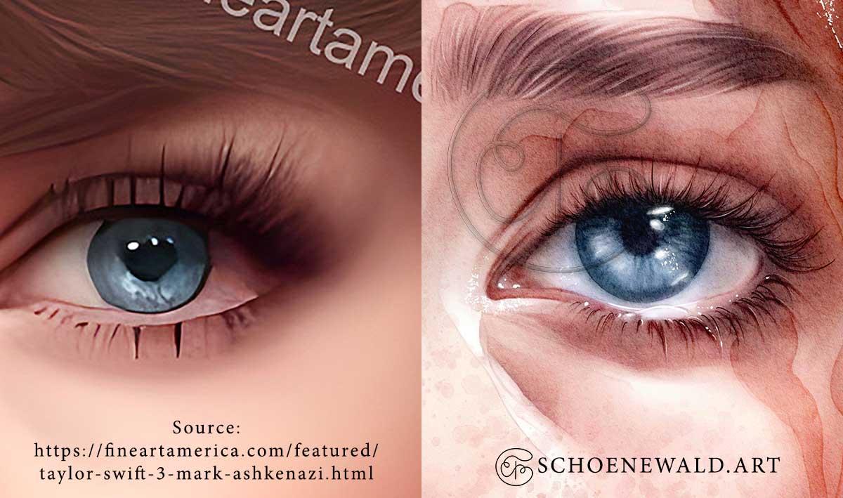 Comparison of closeups: AI-generated art and art by Schoenewald art