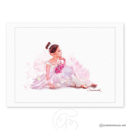 Print of a hand-painted watercolor of a ballerina girl in rose colors, part of the "Ballerinas" series by Schoenewald.art