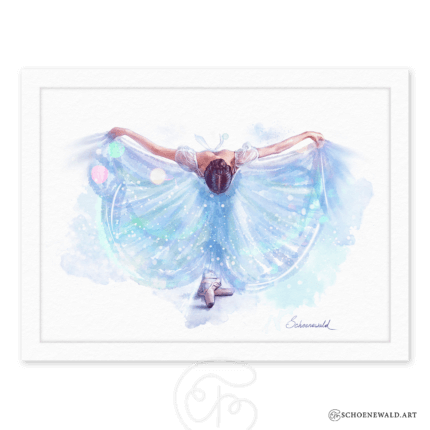 Print of a hand-painted watercolor of a ballerina in blue colors, part of the "Ballerinas" series by Schoenewald.art